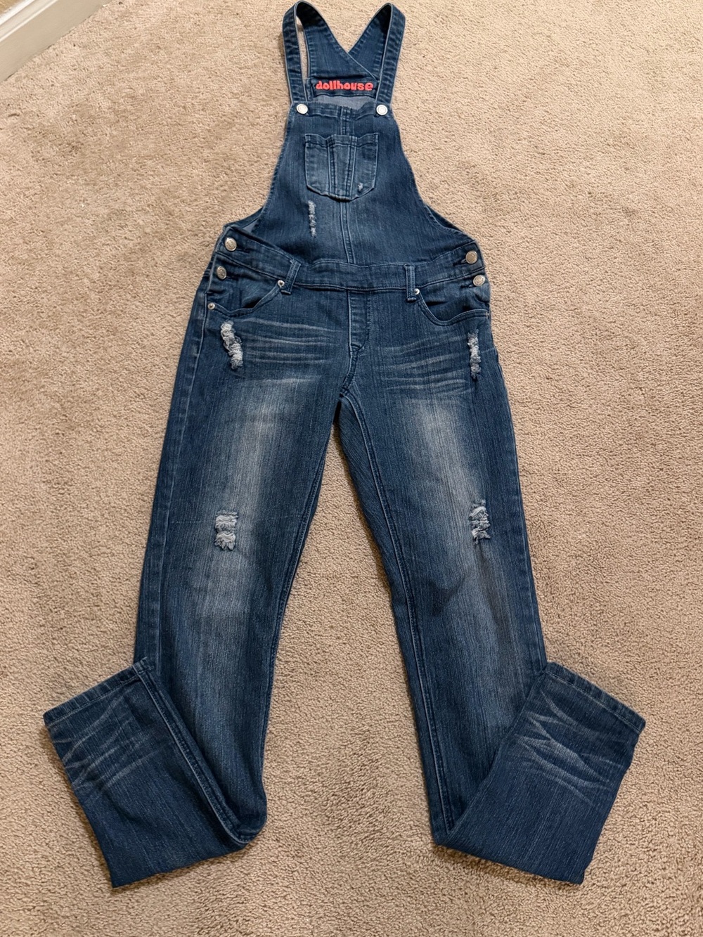 Dollhouse distressed dark blue denim overalls adjustable buckled straps Medium